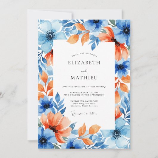 Invitation Mariage Romance Florale Corail Bleu (Devant)