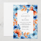 Invitation Mariage Romance Florale Corail Bleu (Devant / Derrière)