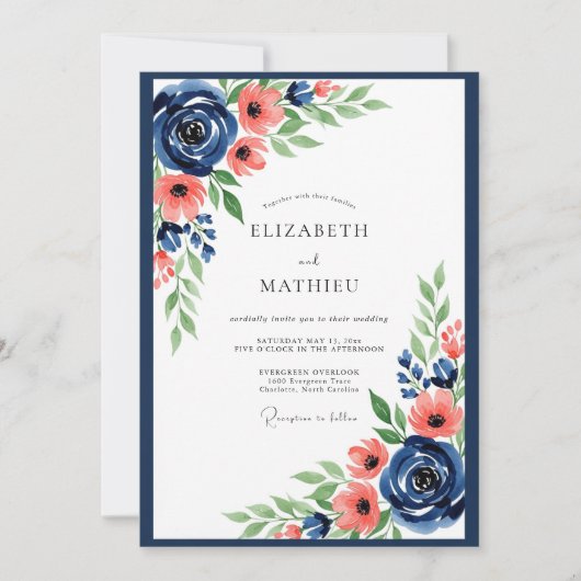Invitation Mariage Romance Florale Corail Navy (Devant)