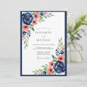 Invitation Mariage Romance Florale Corail Navy (Debout devant)
