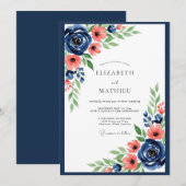 Invitation Mariage Romance Florale Corail Navy (Devant / Derrière)