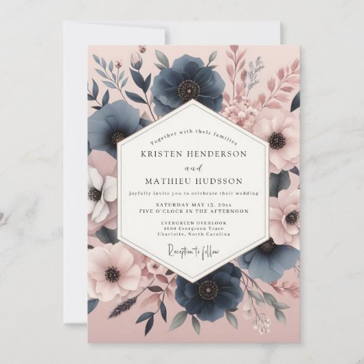 Invitation Mariage Romance Florale d'Automne Navy (Devant)