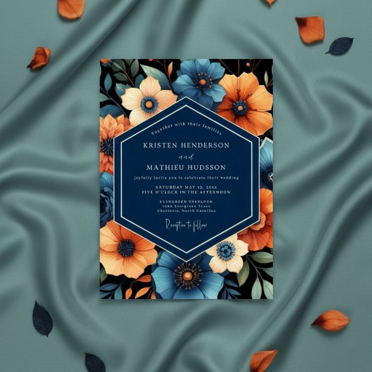 Invitation Mariage Romance Florale d'Automne Navy