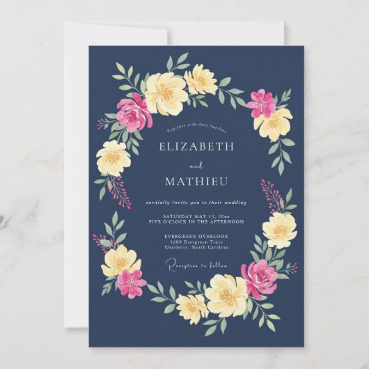 Invitation Mariage Romance Florale de Printemps Navy (Devant)