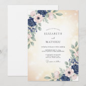 Invitation Mariage Romance Florale Délicate Navy (Devant / Derrière)