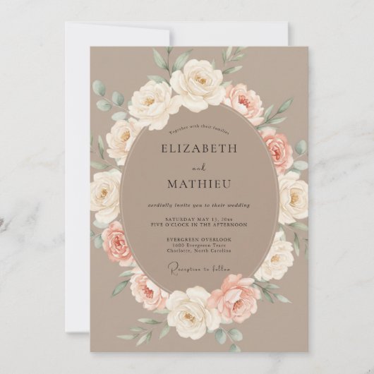 Invitation Mariage Romance Florale Délicate Taupe (Devant)
