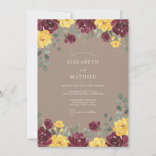 Invitation Mariage Romance Florale Dorée Bourgogne