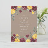 Invitation Mariage Romance Florale Dorée Bourgogne (Debout devant)