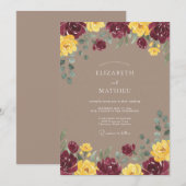 Invitation Mariage Romance Florale Dorée Bourgogne (Devant / Derrière)
