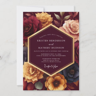 Invitation Mariage Romance Florale Dorée Bourgogne