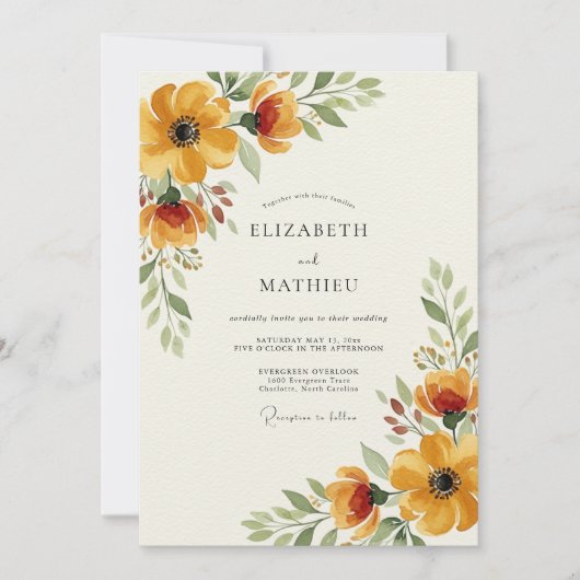 Invitation Mariage Romance Florale Dorée d'Automne (Devant)