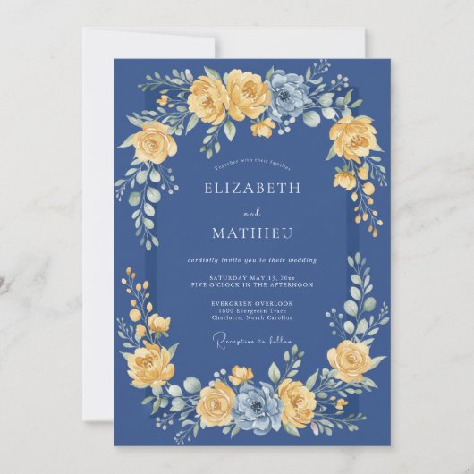 Invitation Mariage Romance Florale Dorée Navy (Devant)