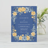 Invitation Mariage Romance Florale Dorée Navy (Debout devant)
