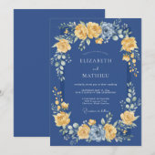Invitation Mariage Romance Florale Dorée Navy (Devant / Derrière)