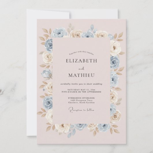 Invitation Mariage Romance Florale Douce Bleu Clair (Devant)