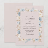 Invitation Mariage Romance Florale Douce Bleu Clair (Devant / Derrière)