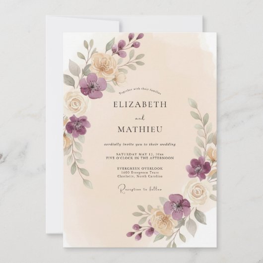Invitation Mariage Romance Florale Douce Prune (Devant)