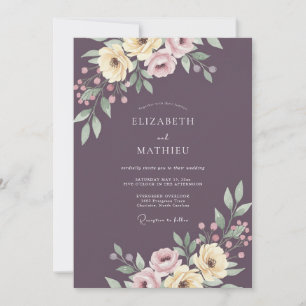Invitation Mariage Romance Florale Élégant aux Prunes