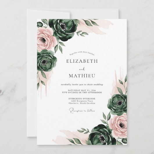 Invitation Mariage Romance Florale Émeraude (Devant)