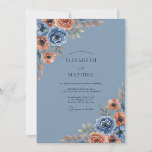 Invitation Mariage Romance Florale en Terre Cuite Bleue