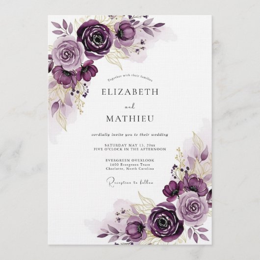Invitation Mariage Romance Florale Éthérée de Prune (Devant)