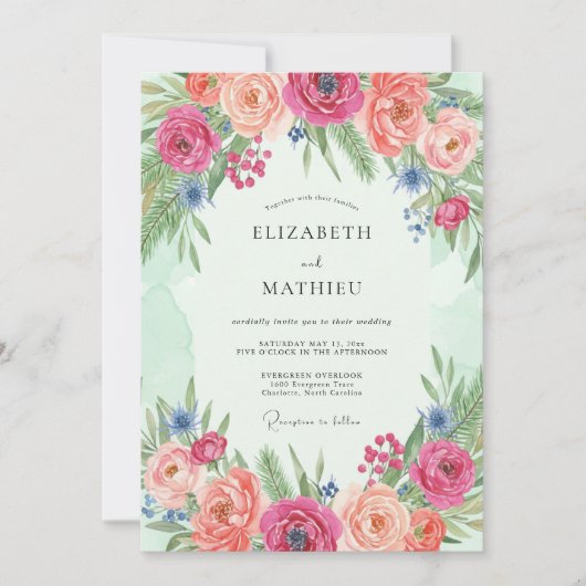 Invitation Mariage Romance Florale Fleurie de Corail (Devant)
