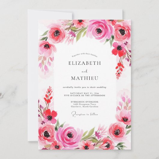 Invitation Mariage Romance Florale Fuchsia (Devant)
