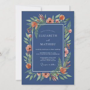 Invitation Mariage Romance Florale Impressionniste Bleu Marin