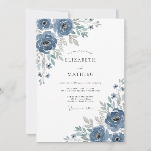 Invitation Mariage Romance Florale Impressionniste Bleue (Devant)