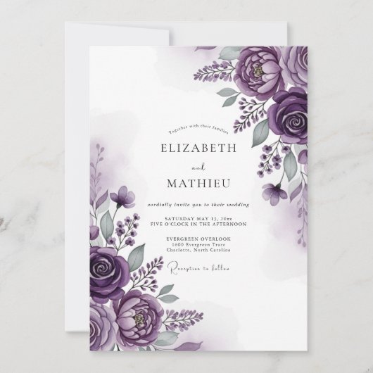 Invitation Mariage Romance Florale Impressionniste prune (Devant)