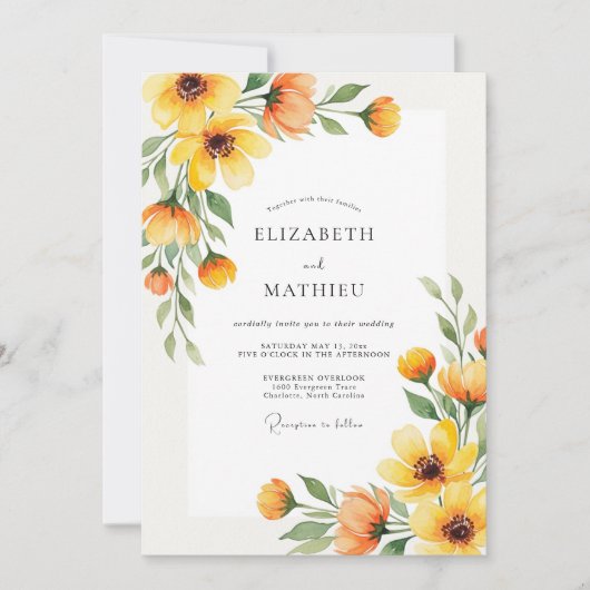 Invitation Mariage Romance Florale Jaune d'Automne (Devant)