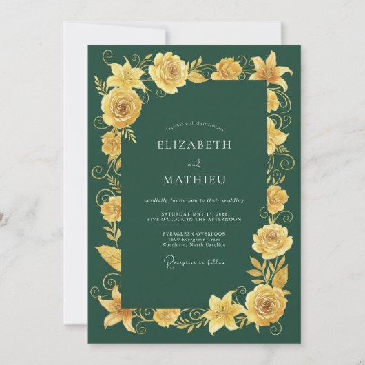 Invitation Mariage Romance Florale Jaune Doré (Devant)