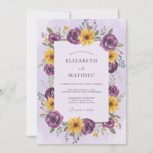Invitation Mariage Romance Florale Jaune Prune (Devant)