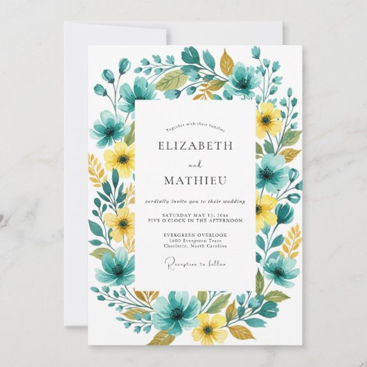 Invitation Mariage Romance Florale Jaune Turquoise (Devant)
