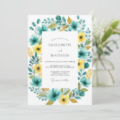 Invitation Mariage Romance Florale Jaune Turquoise (Debout devant)