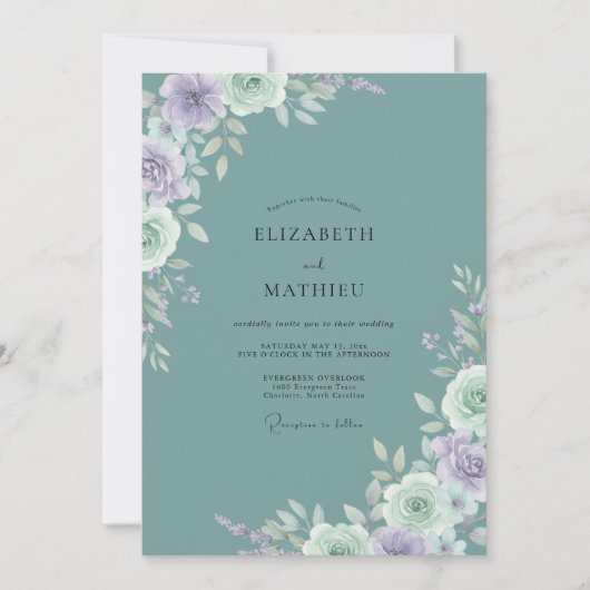 Invitation Mariage Romance Florale Murmurante Sarcelle (Devant)