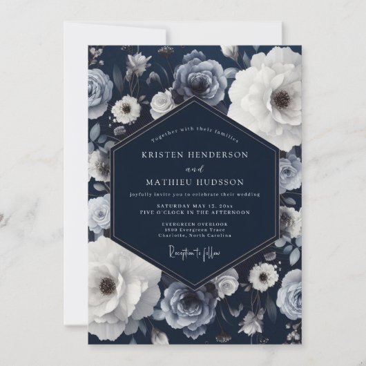 Invitation Mariage Romance Florale Navy (Devant)