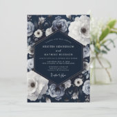 Invitation Mariage Romance Florale Navy (Debout devant)
