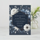 Invitation Mariage Romance Florale Navy (Debout devant)
