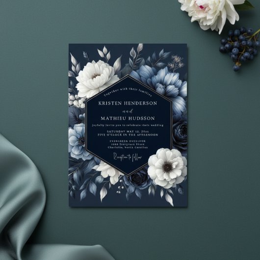 Invitation Mariage Romance Florale Navy
