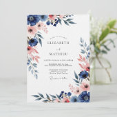 Invitation Mariage Romance Florale Navy & Blush (Debout devant)
