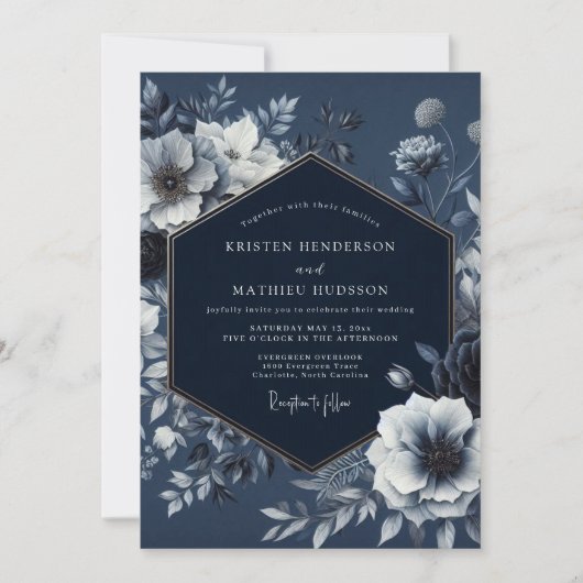Invitation Mariage Romance Florale Nocturne Navy (Devant)