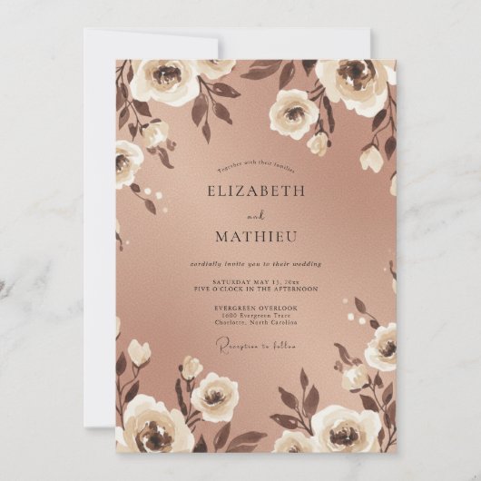 Invitation Mariage Romance Florale Or Rose (Devant)