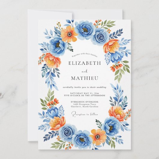 Invitation Mariage Romance Florale Orange Bleu (Devant)