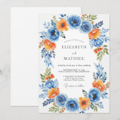 Invitation Mariage Romance Florale Orange Bleu (Devant / Derrière)