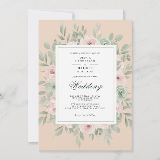 Invitation Mariage Romance Florale Pêche (Devant)