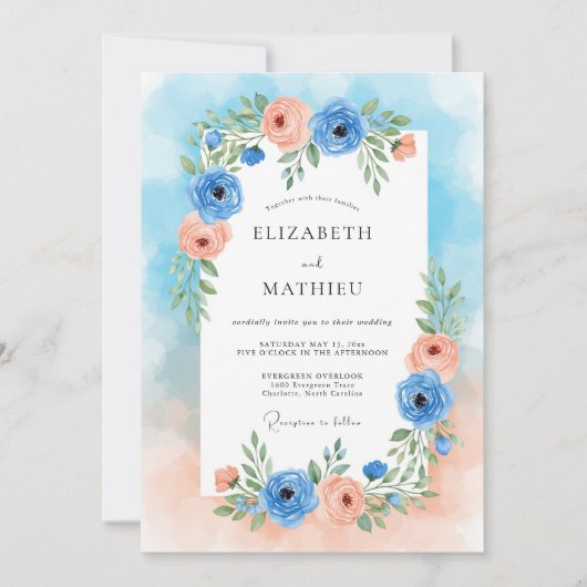 Invitation Mariage Romance Florale Peche Bleue (Devant)