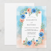 Invitation Mariage Romance Florale Peche Bleue (Devant / Derrière)