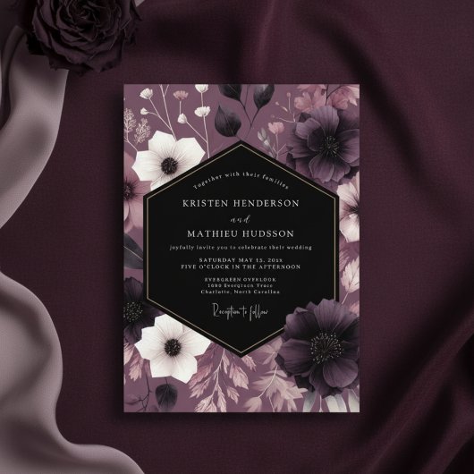 Invitation Mariage Romance Florale prune Moody