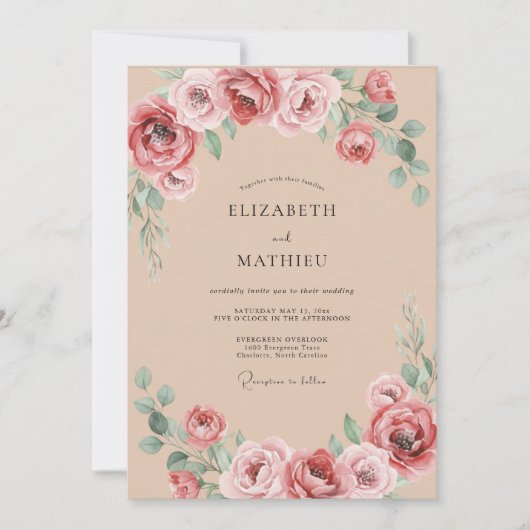 Invitation Mariage Romance Florale Rose (Devant)
